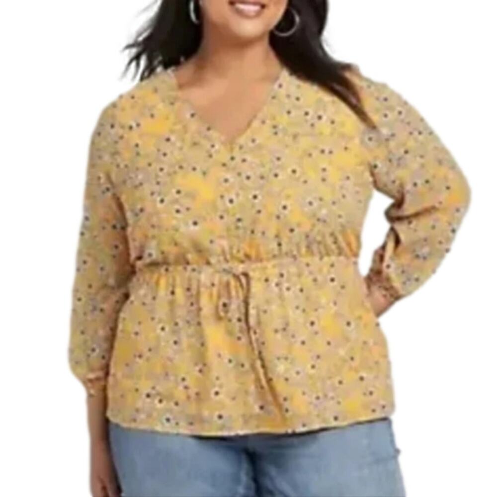 Lane Bryant yellow floral drawstring waist peplum babydoll‎ blouse plus sz 18 2X